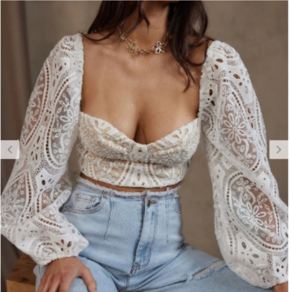 Beulah Eyelet Puff Sleeve Top Large New
